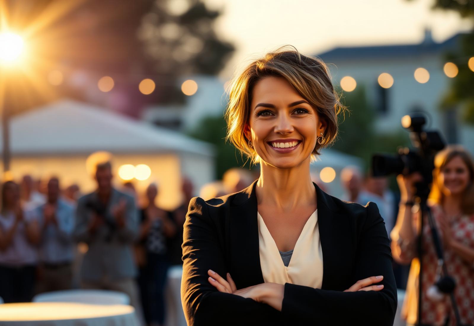 Agent smiling as an auction crowd applauds behind her
