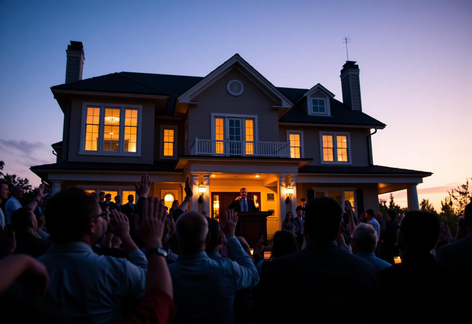 Bidders raising hands at a live auction in front of a luxury home
