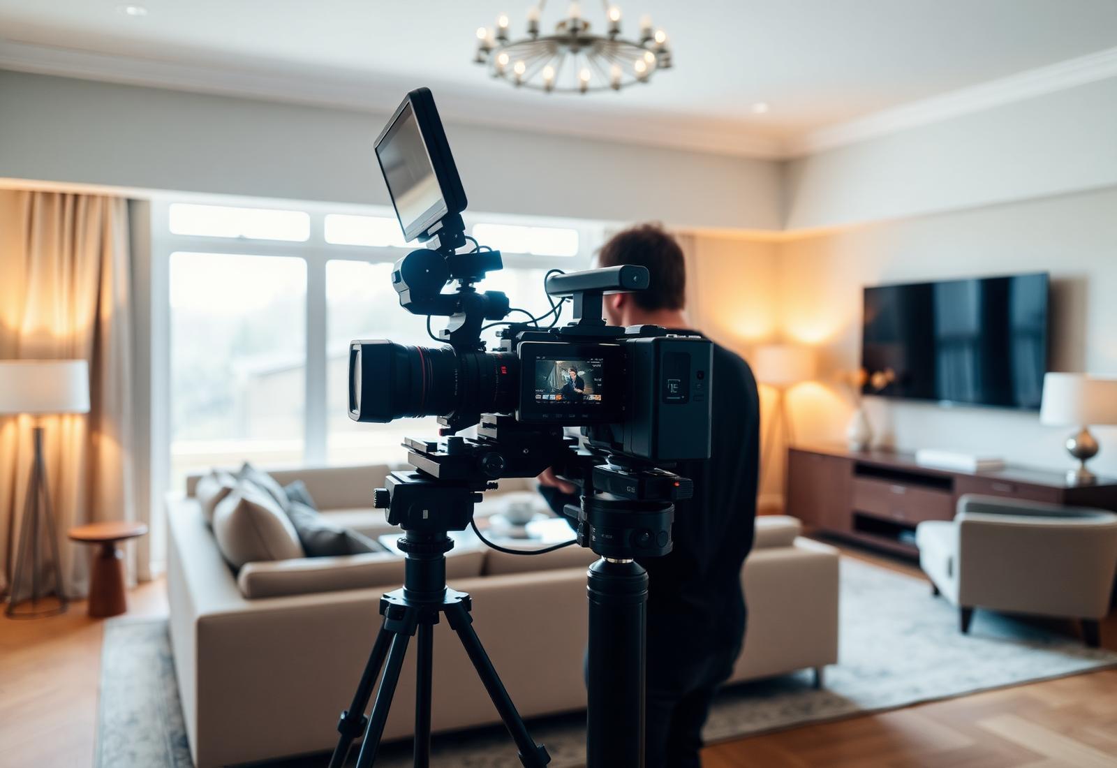 Videographer filming a luxury living room